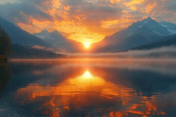 Wall Mural - Sunrise over Mountain Lake