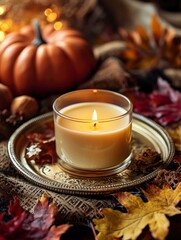 Wall Mural - A beautifully crafted candle placed on an elegant tray, surrounded by autumnal decorations like leaves and pumpkins, with generative ai