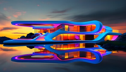 Vibrant futuristic house illuminated at night with digital effects, reflecting on a tranquil water surface beneath a dark sky