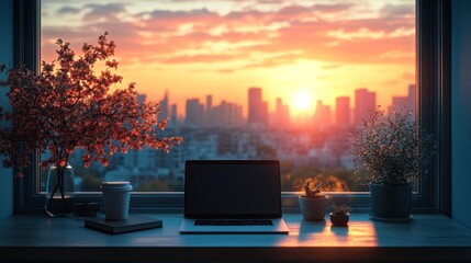 Poster - Laptop on Windowsill with Sunset View