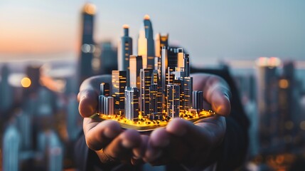 Poster - Hand holding a miniature city model against a backdrop of a blurred cityscape. The model is lit up with warm light, symbolizing the growth and development of the city.