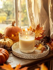 Wall Mural - A beautifully crafted candle placed on an elegant tray, surrounded by autumnal decorations like leaves and pumpkins, with generative ai