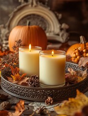 Wall Mural - A beautifully crafted candle placed on an elegant tray, surrounded by autumnal decorations like leaves and pumpkins, with generative ai