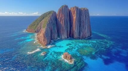 Aerial View of Majestic Rocky Island Surrounded by Turquoise Waters and Coral Reefs in South Pacific Ocean, Perfect Destination for Adventure Seekers