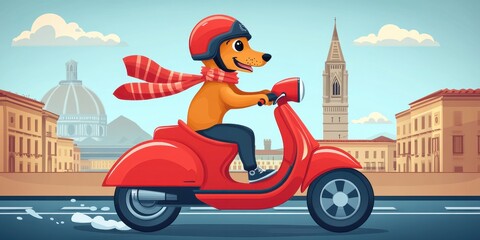 Illustrated dog rides a red scooter, wearing a red helmet and scarf in a scenic city backdrop with historic buildings