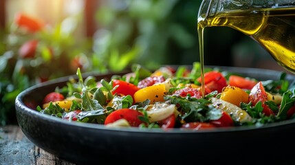 Colorful fresh vegetable salad with olive oil, mixed with colorful ingredients, placed on a rustic wooden table. The sunlight makes the ingredients look bright and fresh, looking delicious.