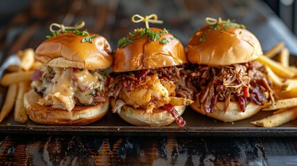 Bun-Topped Sliders Featuring Cheese and Bacon, Pulled Pork, and Crab Cake – Served with a Side of Fries