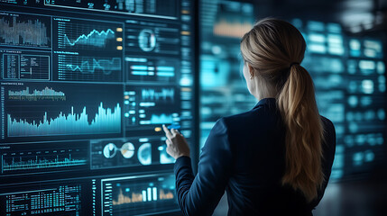 A woman is looking at a computer screen with many graphs and numbers