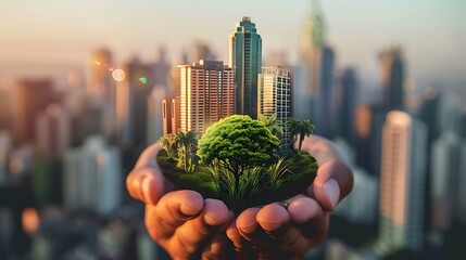 Wall Mural - pair of hands holding a miniature cityscape with lush greenery, symbolizing sustainable urban development and environmental consciousness.