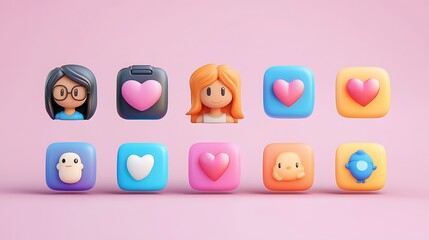 Wall Mural - 3D illustrated icon set for a dating app, featuring icons for different types of relationships like friends, casual dating, and serious dating with fun and vibrant designs. 