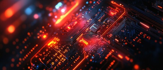 Canvas Print - Close-up of a Circuit Board with Red and Blue Glowing Lines