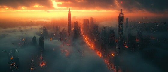 Canvas Print - A City Skyline at Sunset with Fog and Glowing Lights