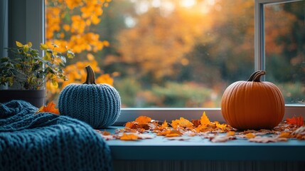 Wall Mural - Autumnal Windowsill Decor with Pumpkins