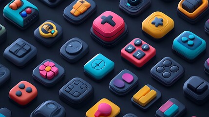 Wall Mural - 3D illustrated icon set for a gaming app, featuring icons for different types of gaming genres like sports, racing, and simulation with detailed and immersive designs. 