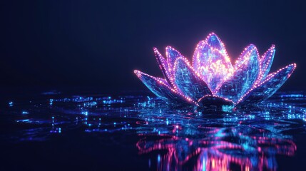 Canvas Print - Neon Circuitry Lotus Flower on Water Surface