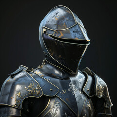 Worn Medieval Knight Helmet with Gold Accents and Shoulder Armor
