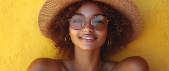 Smiling Woman Wearing Sunglasses and a Straw Hat