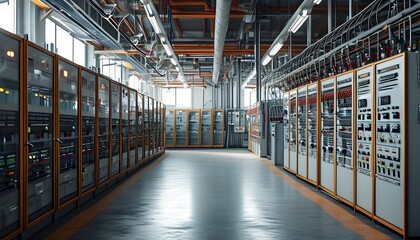 Wall Mural - Industrial landscape featuring electric booths and power lines in a factory setting