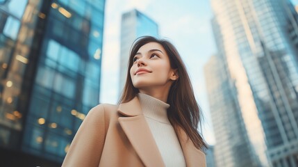 A confident woman gazes up at skyscrapers, embodying professionalism and ambition in an urban setting.