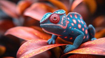 Canvas Print - Blue Chameleon on Red Leaves