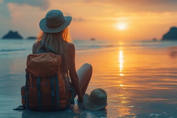 Poster - Woman Backpacking at Sunset