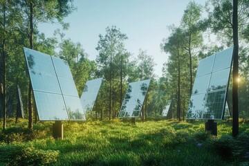 Solar panels installed in the green forest Clean alternative energy concept. Environment, solar energy, generator, ai