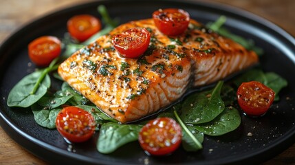 Canvas Print - Grilled Salmon with Spinach and Cherry Tomatoes