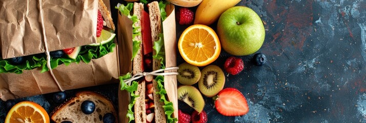 Wall Mural - Variety of fruit-filled sandwiches and pastries in a brown paper bag