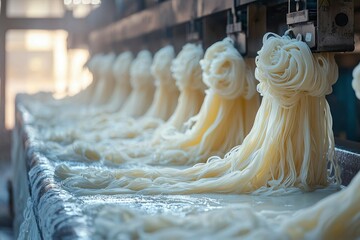 Wall Mural - Freshly Made Noodle Strands Draped Over a Metal Surface