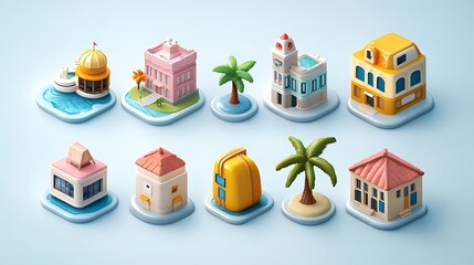 Wall Mural - 3D illustrated icon set for a travel app, featuring icons for different types of accommodations like hotels, hostels, and vacation rentals with a detailed and realistic look. 