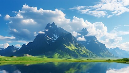 The fresh mountains are connected to the vast sky, and the white clouds float gently, making it a refreshing natural scenery.