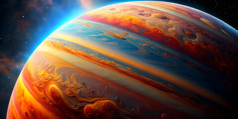 Wall Mural - Inferno Planet: A fiery gas giant rages with swirling storms and volcanic plumes, a mesmerizing spectacle of cosmic power.