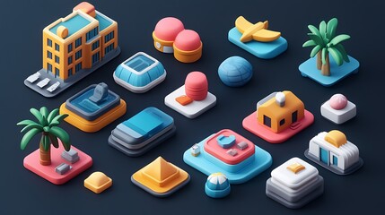 Wall Mural - 3D illustrated icon set for a travel app, featuring icons for different types of travel accommodations like hotels, hostels, and vacation rentals with realistic and detailed designs. 