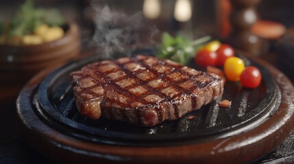 Wall Mural - Closeup of a Sizzling Grilled Steak with Steam Rising on a Black Plate