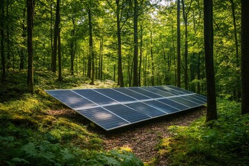 Solar panels installed in the green forest Clean alternative energy concept. Environment, solar energy, generator, ai