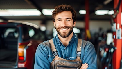 Sticker - Cheerful male mechanic showcasing skills at a busy car service station