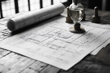 Poster - Architectural Blueprint on a Wooden Table