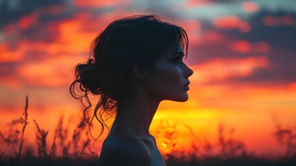 Canvas Print - Silhouette of a Woman Against a Sunset Sky