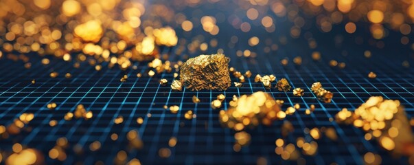 Holographic gold nuggets, levitating above a digital grid, modern tech background