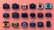 © Thaweechai - Colorful icon set for a photography app, featuring icons for different types of cameras like DSLR, mirrorless, and point-and-shoot with vibrant and detailed designs.