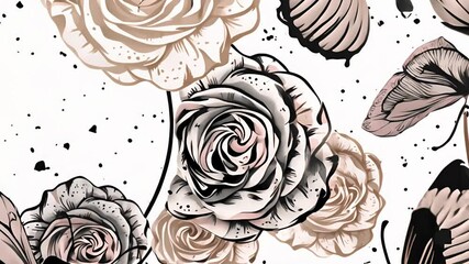 Sticker - Roses and butterflies animation with intricate details and soft color palette