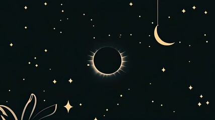 Wall Mural - solar eclipse and stars animation over dark sky with crescent moon