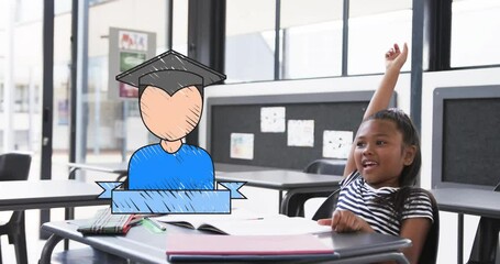 Poster - Raising hand, smiling child in classroom with graduation animation over desk