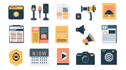 Wall Mural - Flat vector icon set for a news app, featuring icons for different types of news sources like newspapers, magazines, and blogs with a simple and professional design. 