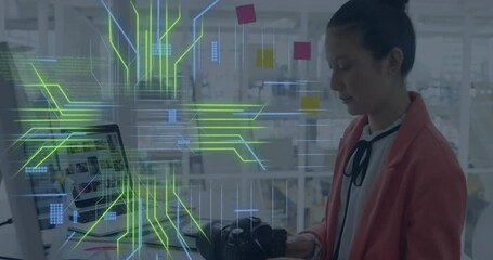 Aufkleber - Animation of computer circuit board with data processing over caucasian businesswoman in office