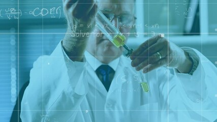 Poster - Animation of mathematical formula over caucasian male scientist working in lab