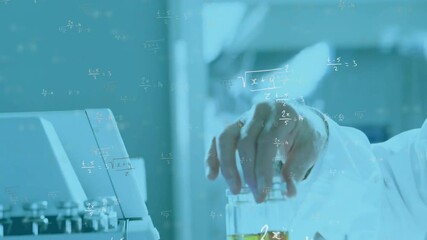 Poster - Animation of mathematical formula over caucasian male scientist working in lab