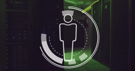 Poster - Animation of digital people icon and data processing over computer servers