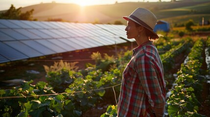 Farmer using solar panels on sustainable farm, renewable energy in agriculture, green farming landscape, sustainability in action