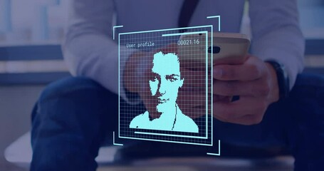 Sticker - Animation of data processing with portraits over caucasian businessman using smartphone